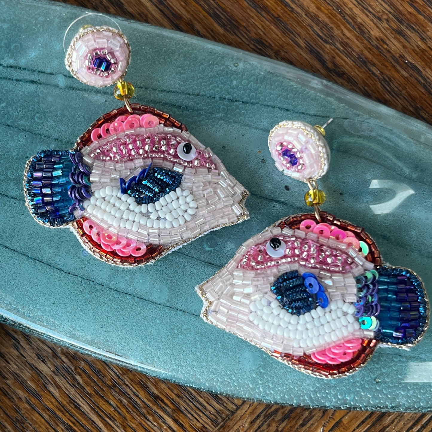 Blue and Pink Fish Beaded Earrings