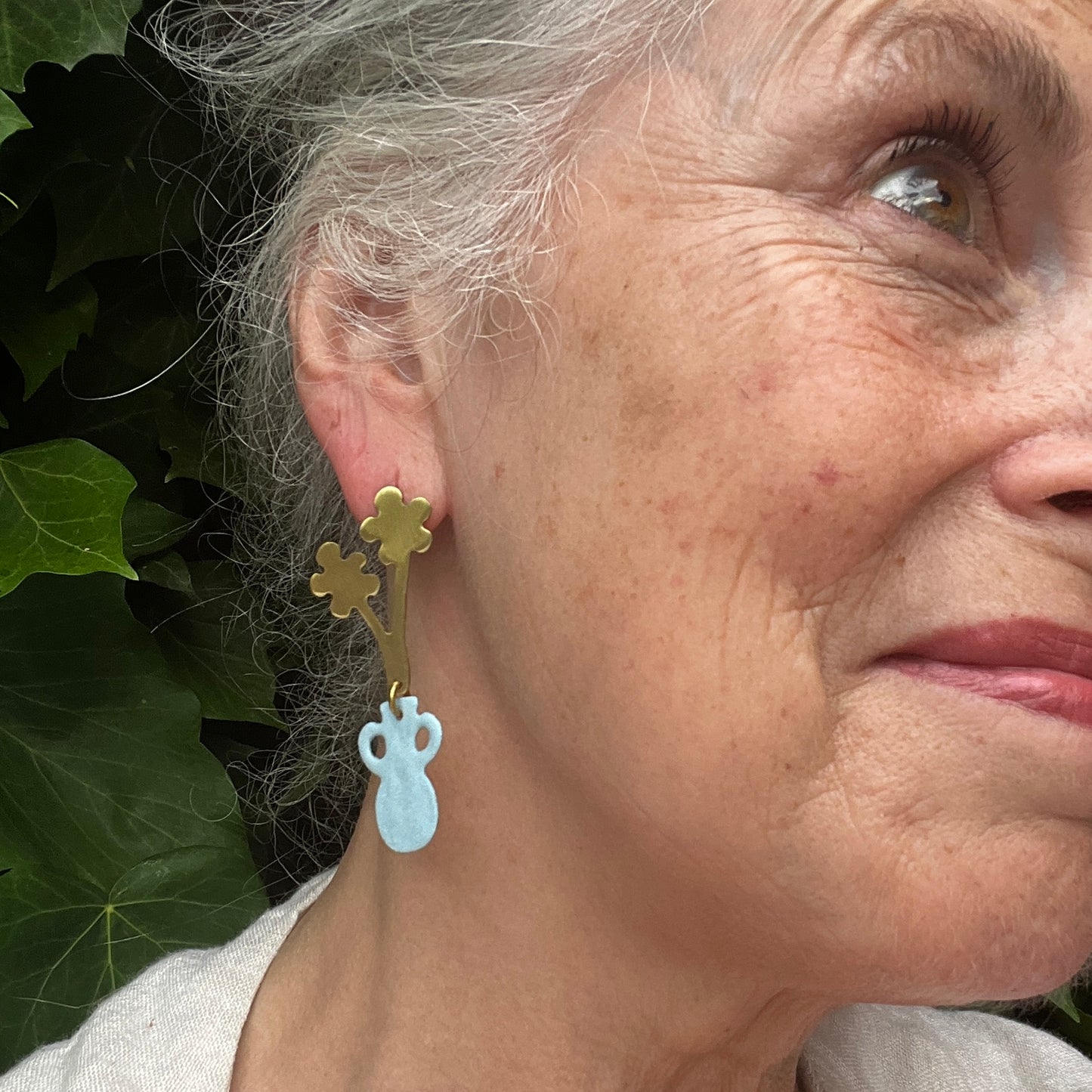 Charming Vase with Flowers Earrings - Handmade Brass and Patina