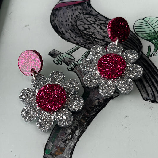 Sparkly Silver and Pink Flower Earrings