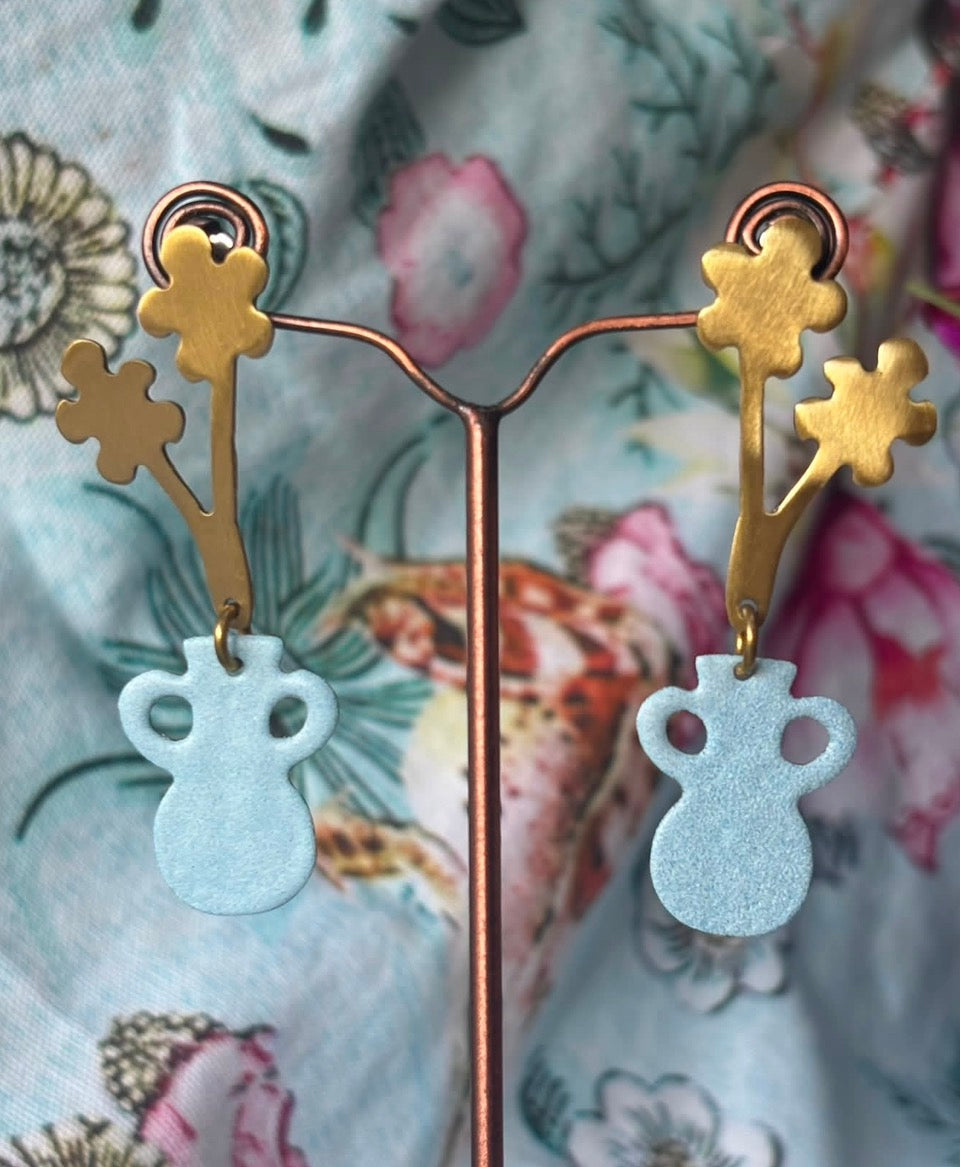 Charming Vase with Flowers Earrings - Handmade Brass and Patina