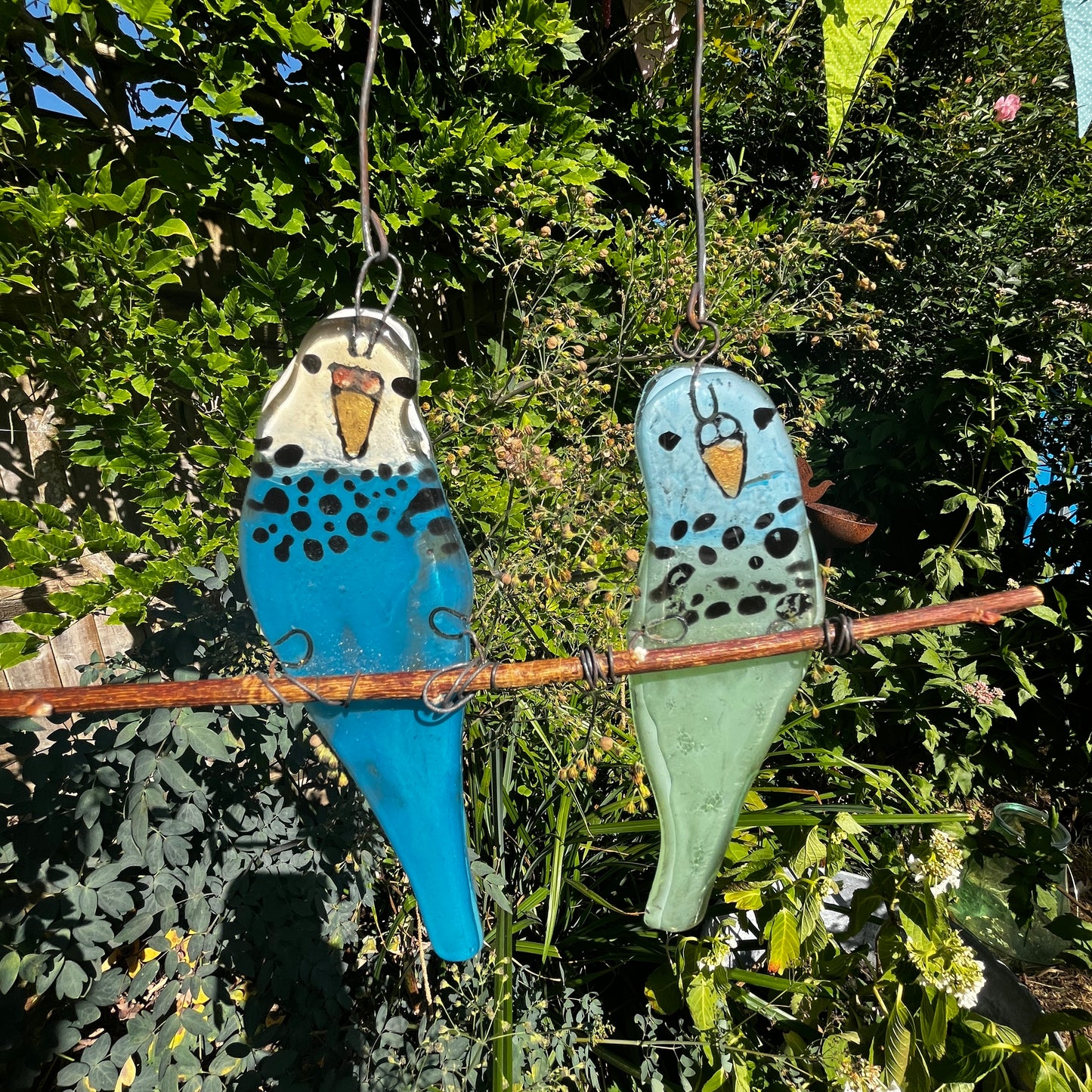 Pair of Glass Budgies on a Perch