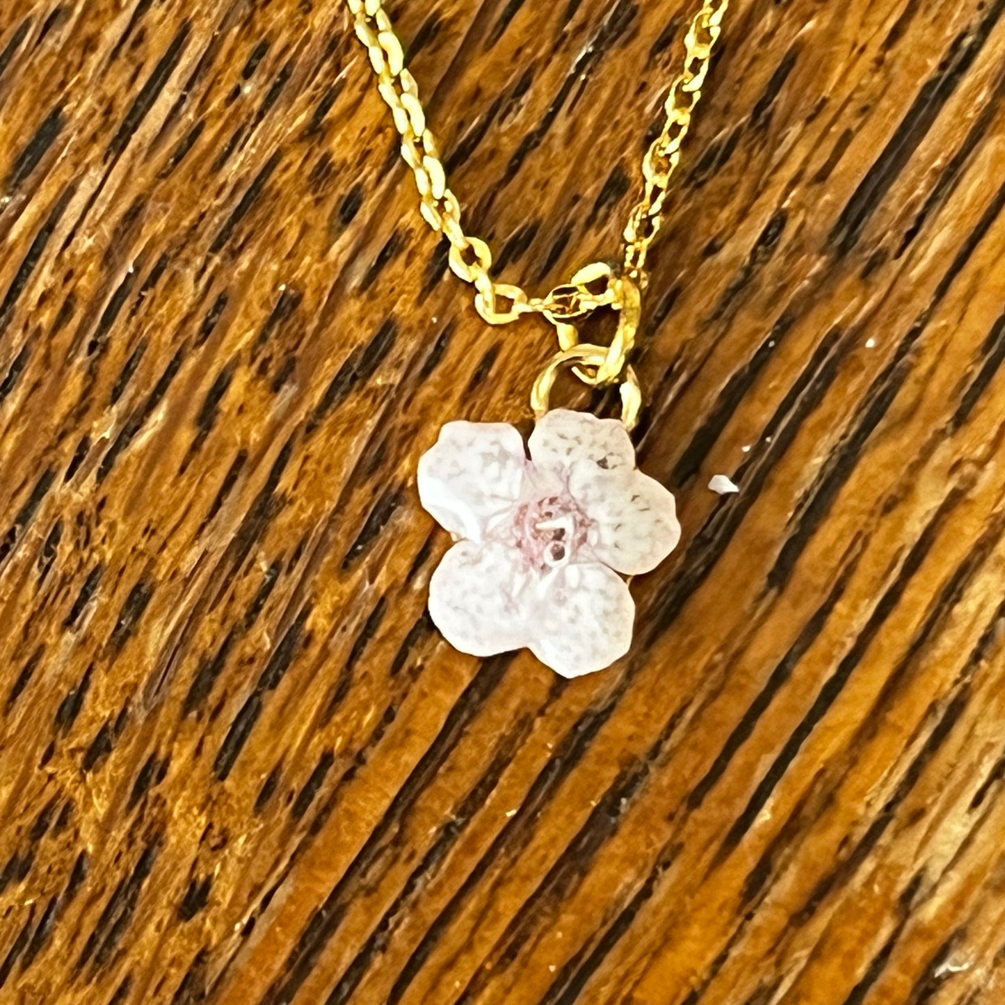 Pale Pink Blossom Necklace on gold plated chain