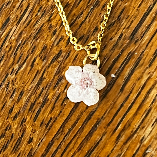 Pale Pink Blossom Necklace on gold plated chain