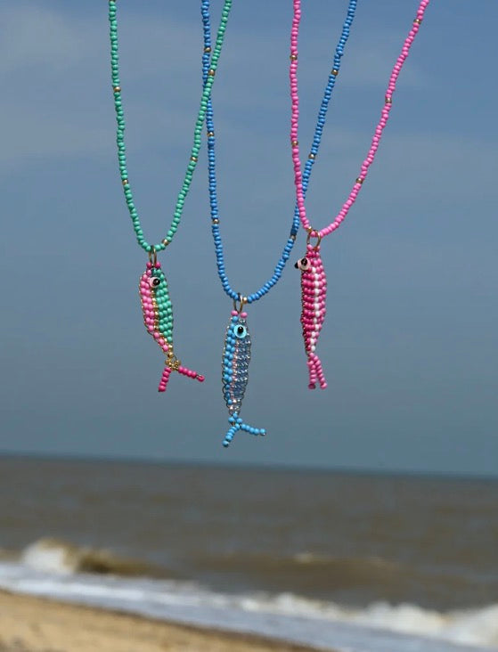 Pink Beaded Fish  Necklace