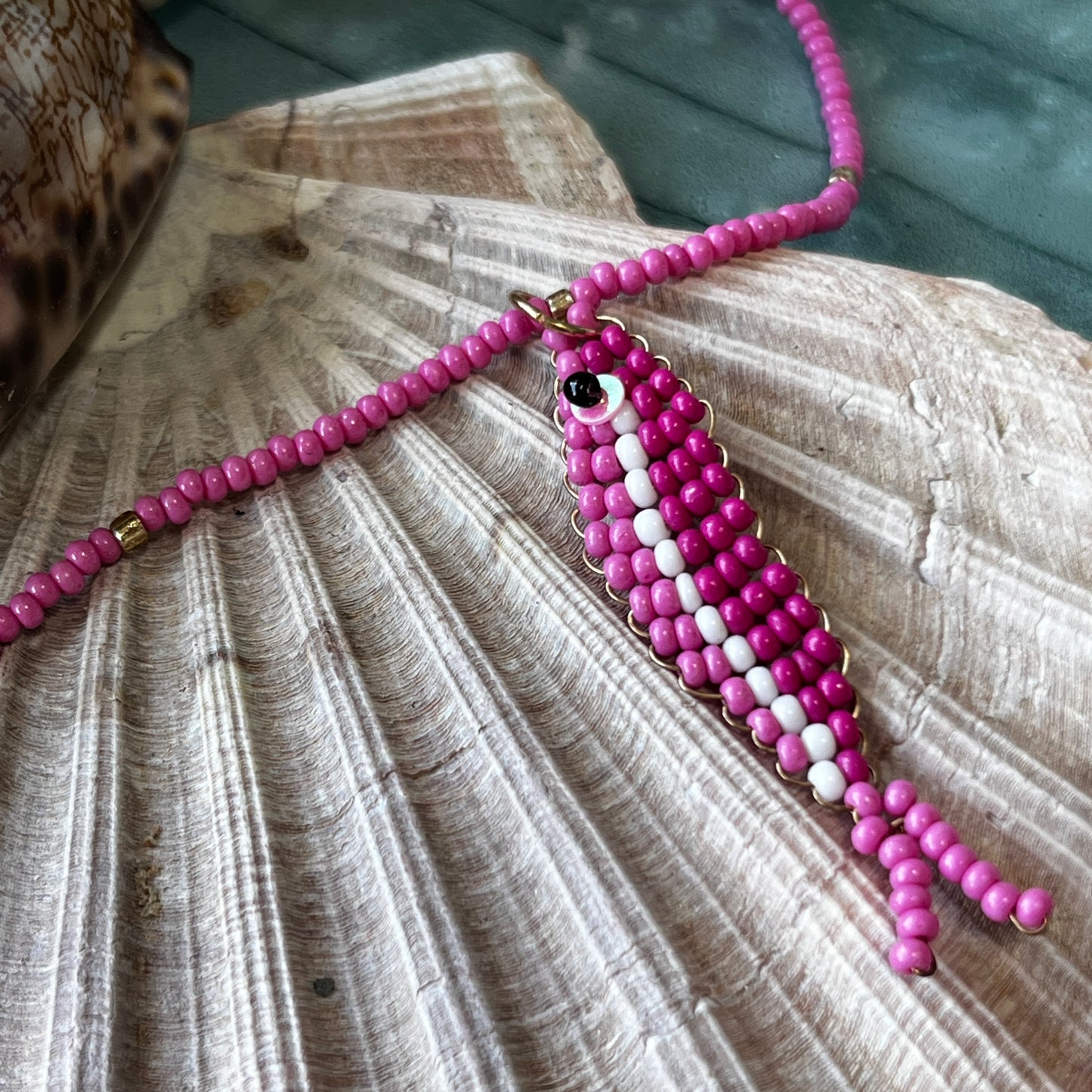 Pink Beaded Fish  Necklace