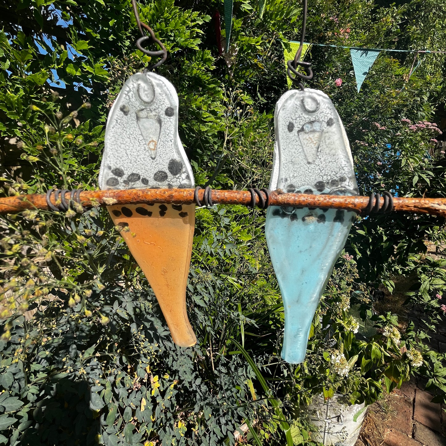 Pair of Glass Budgies on a Perch