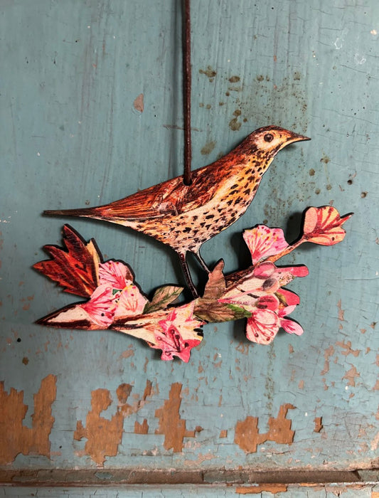 Song Thrush in Blossom Wooden Decoration