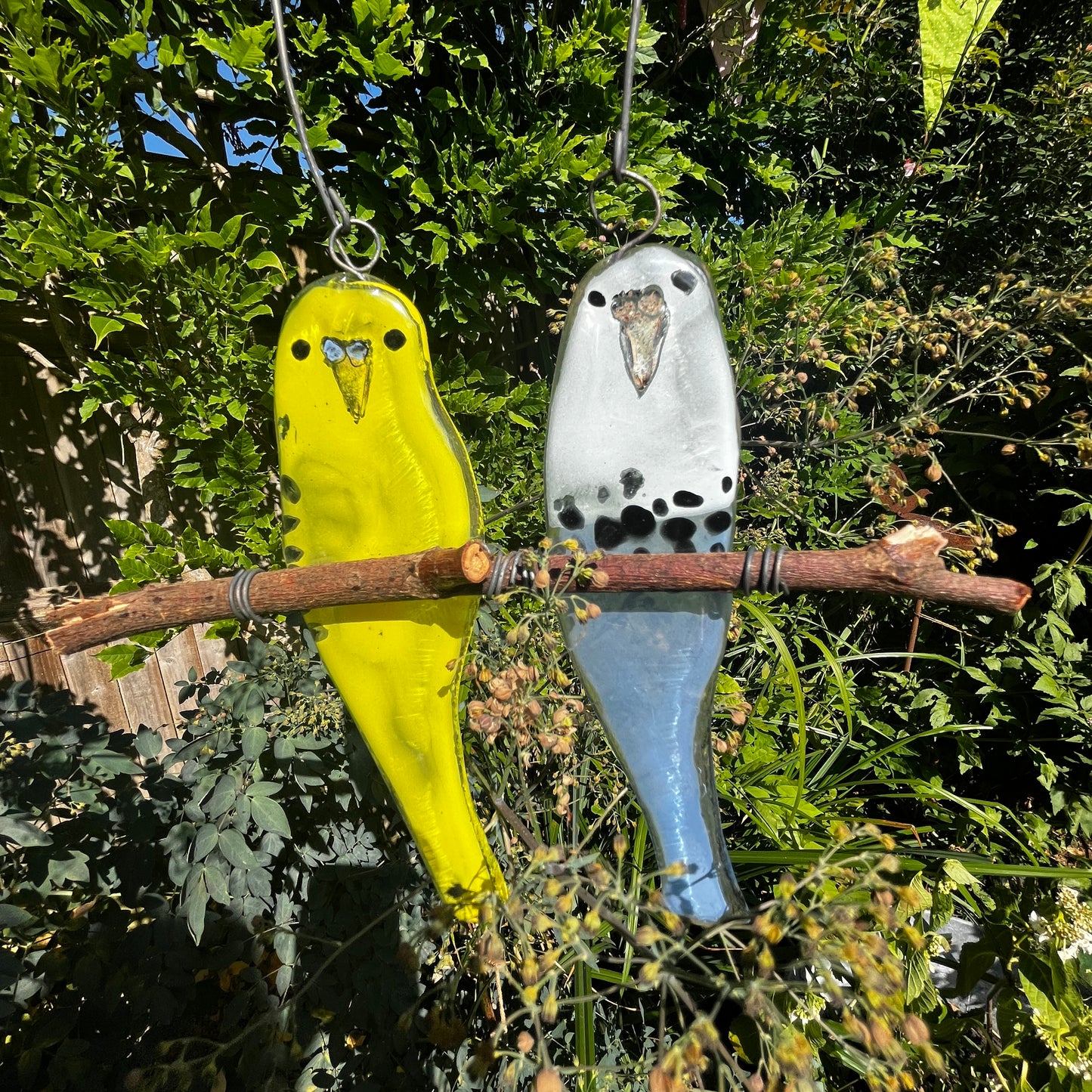 Pair of Glass Budgies on a Perch