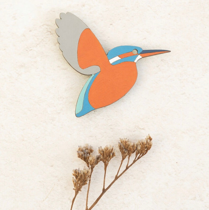 Flying Hand Painted Kingfisher Brooch