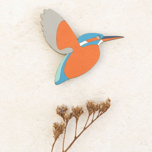 Flying Hand Painted Kingfisher Brooch