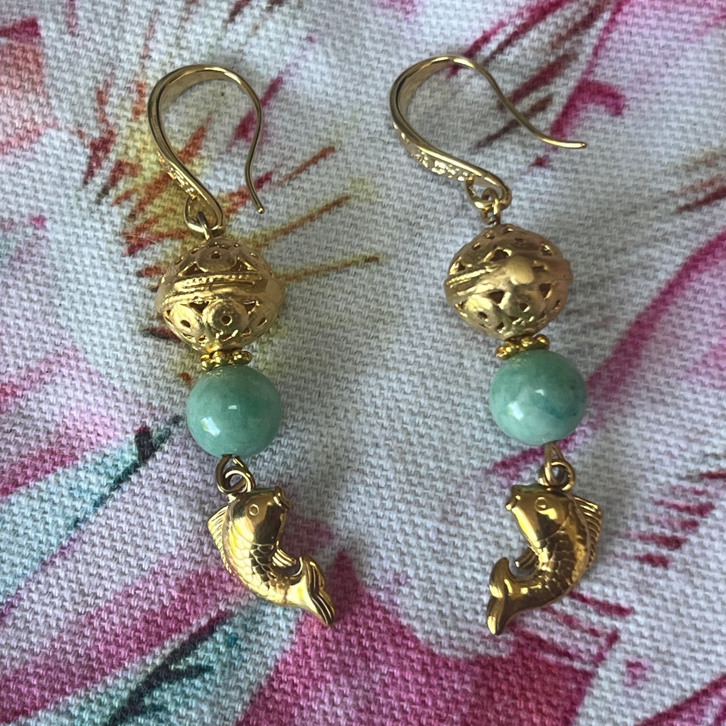 Diana Wilson Arcana Gold Fish and Turquoise Drop Earrings