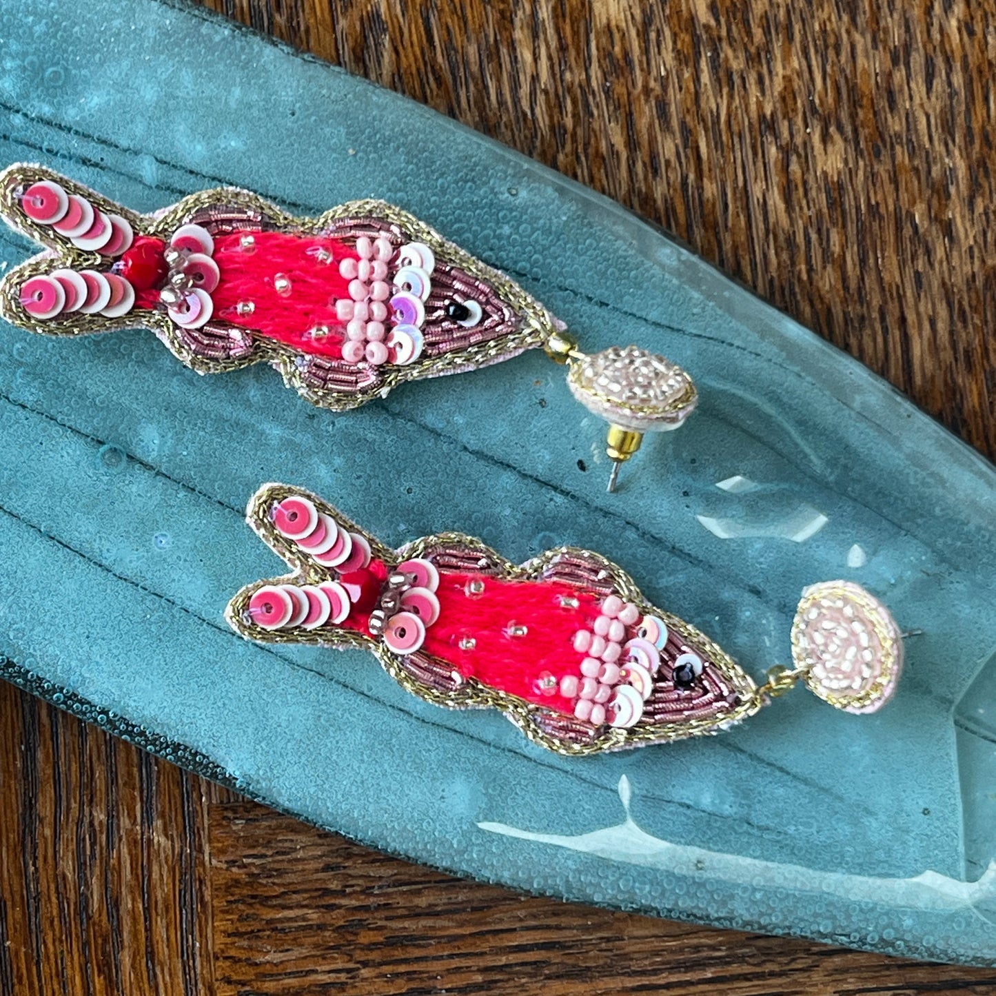Pink  Stitch Fish Earrings