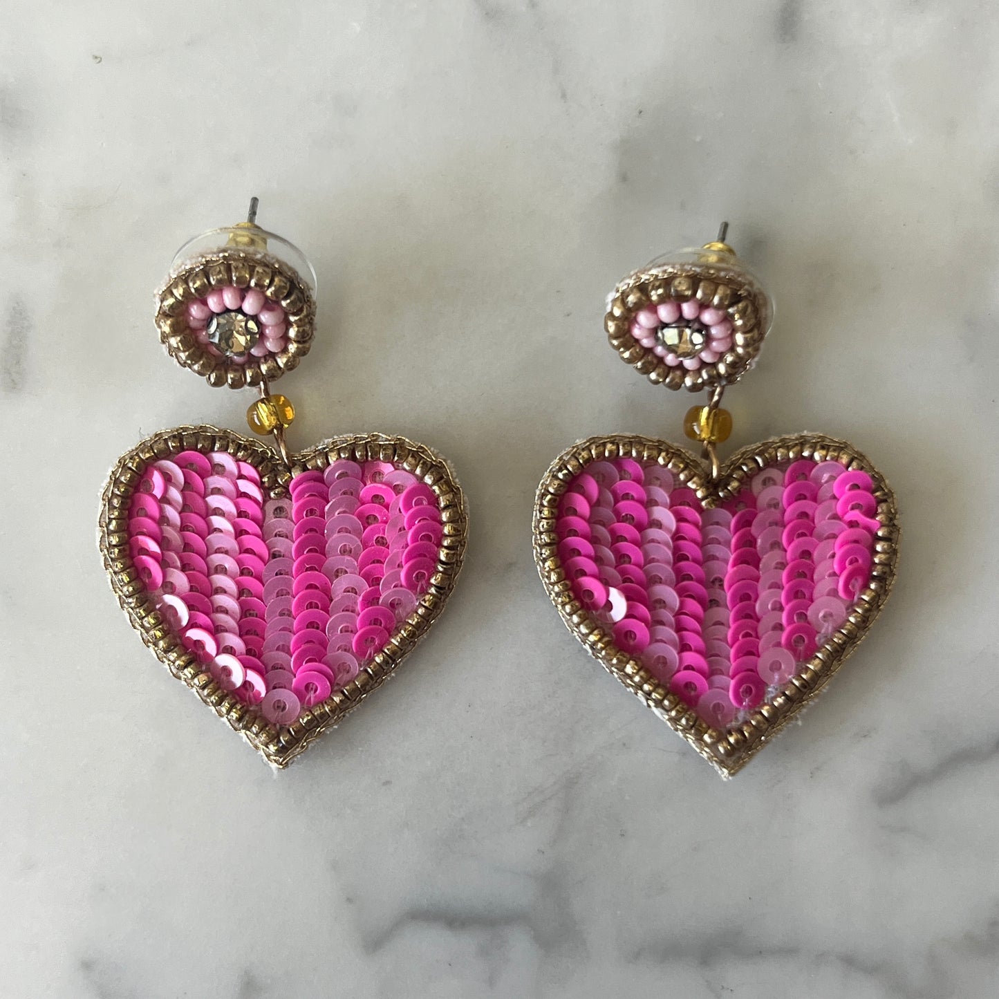 Hand Beaded Pink Striped Heart Stud Earrings