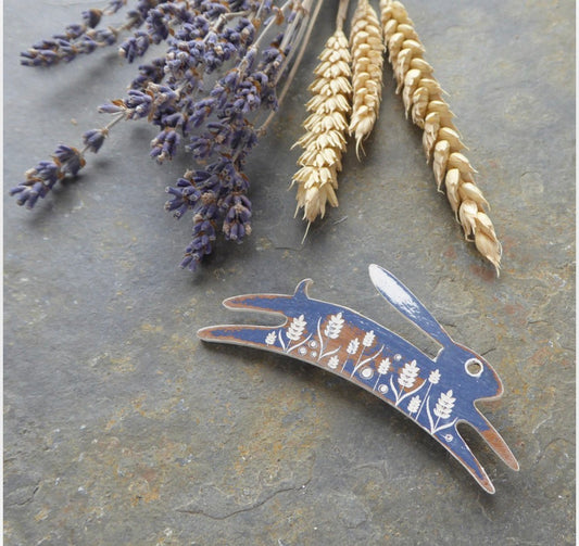 Large Hare Brooch in Denim Blue