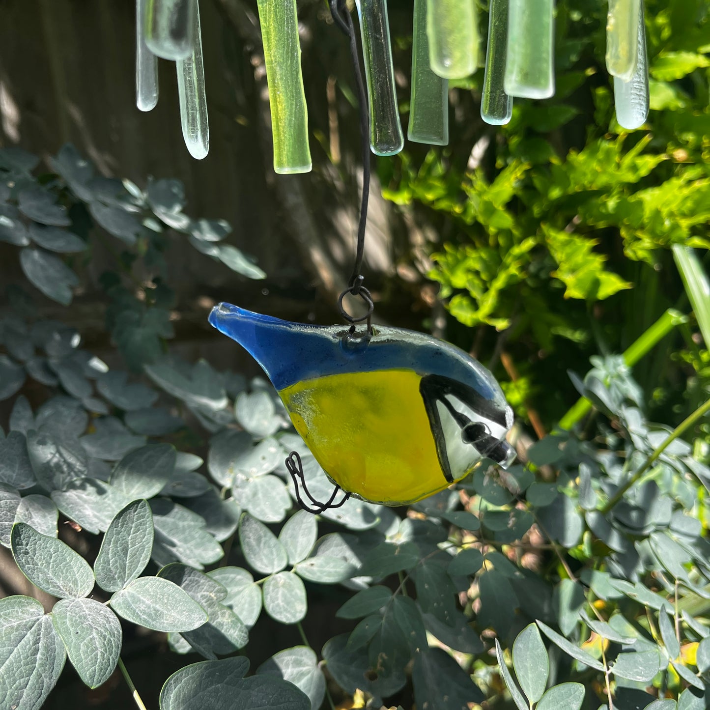 Stunning Glass Chandelier with Blue Tit