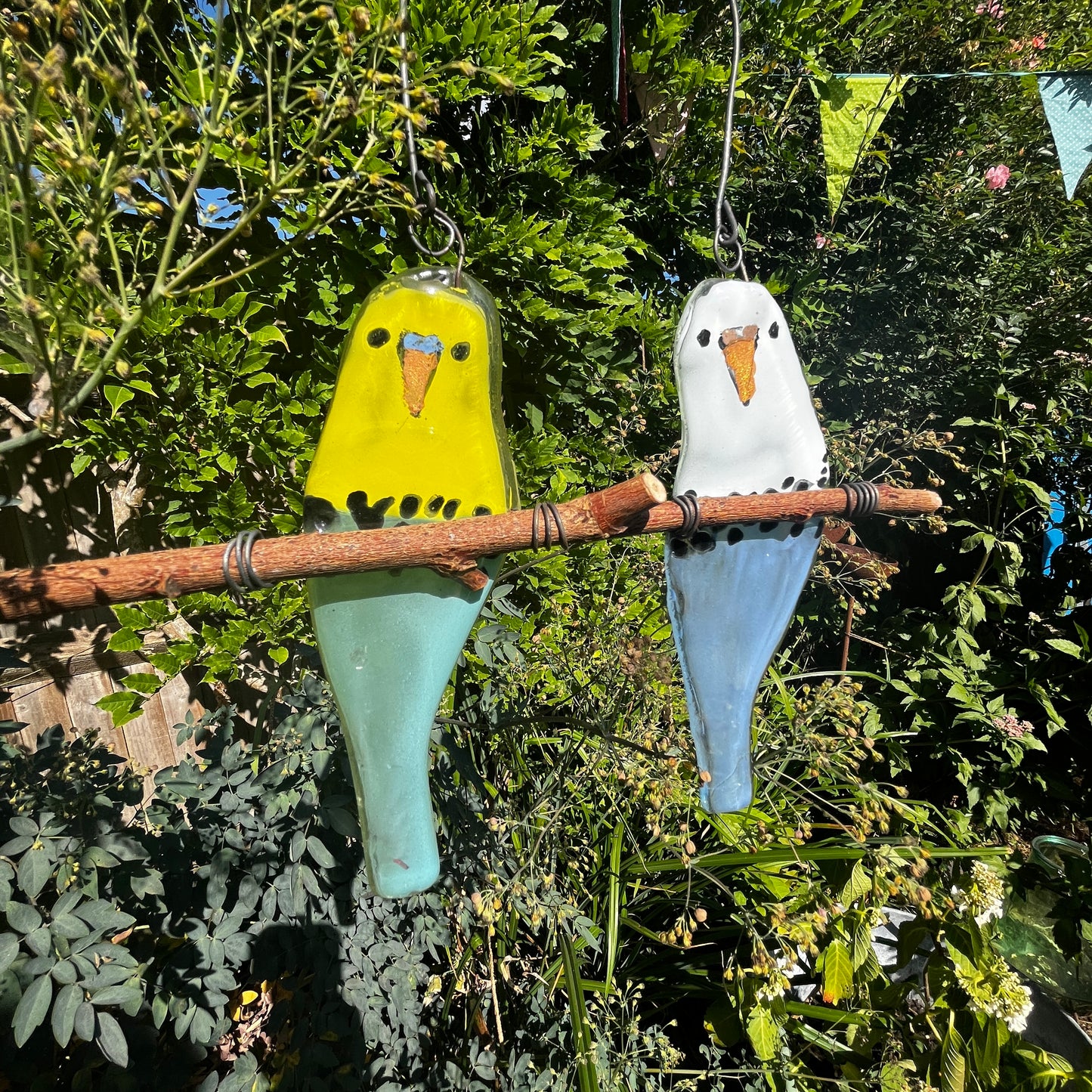 Pair of Glass Budgies on a Perch