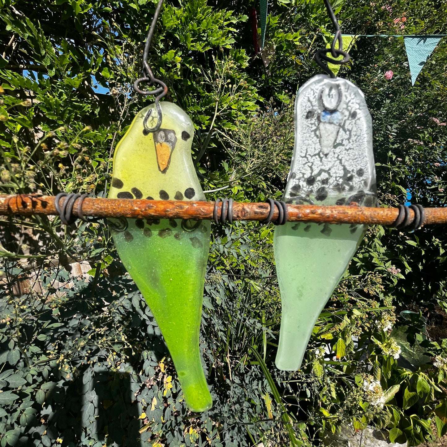 Pair of Glass Budgies on a Perch