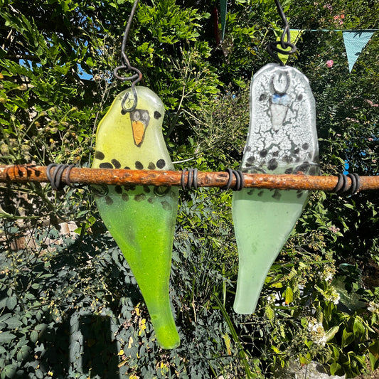 Pair of Glass Budgies on a Perch