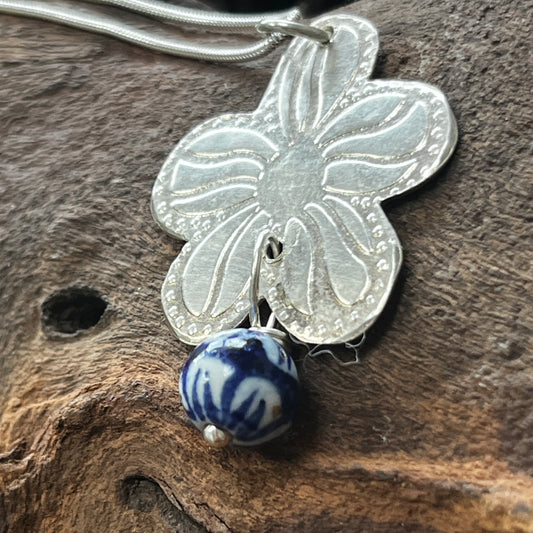 Flower Pendant with Blue and White Bead