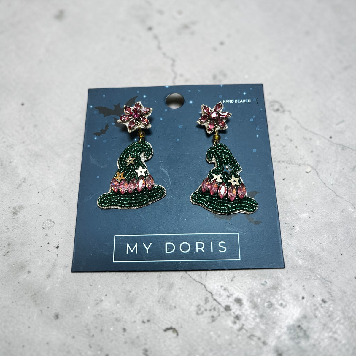 My Doris Green and Pink Witches Hat Earrings
