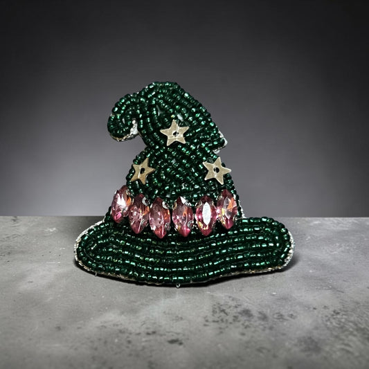 My Doris Green and Pink Witches Hat Brooch