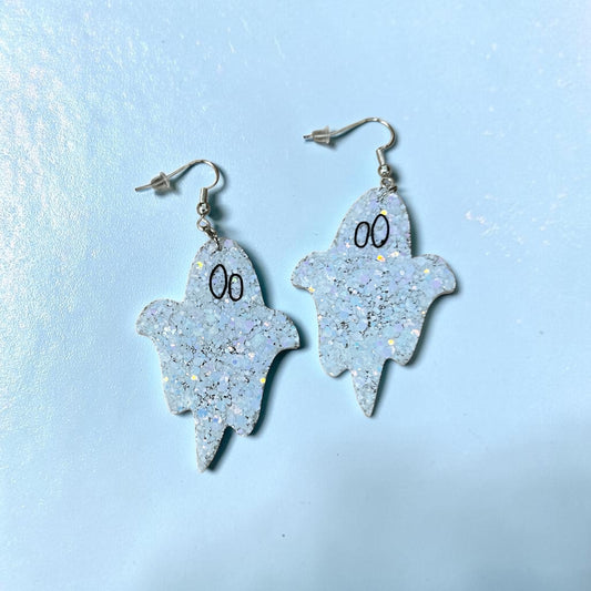 White Glitter Ghost Resin Earrings
