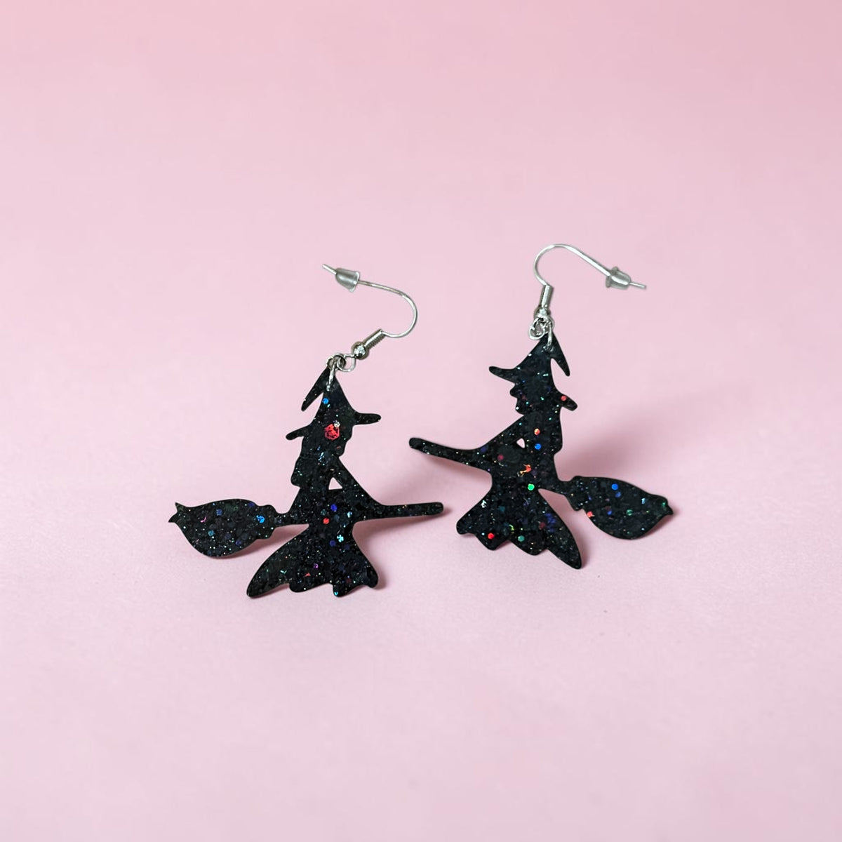 Black Glitter Witch on a Broom Halloween Earrings