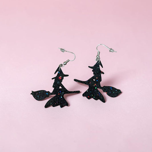 Black Glitter Witch on a Broom Halloween Earrings