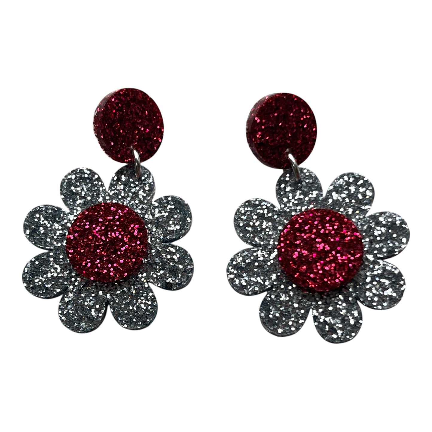 Sparkly Silver and Pink Flower Earrings